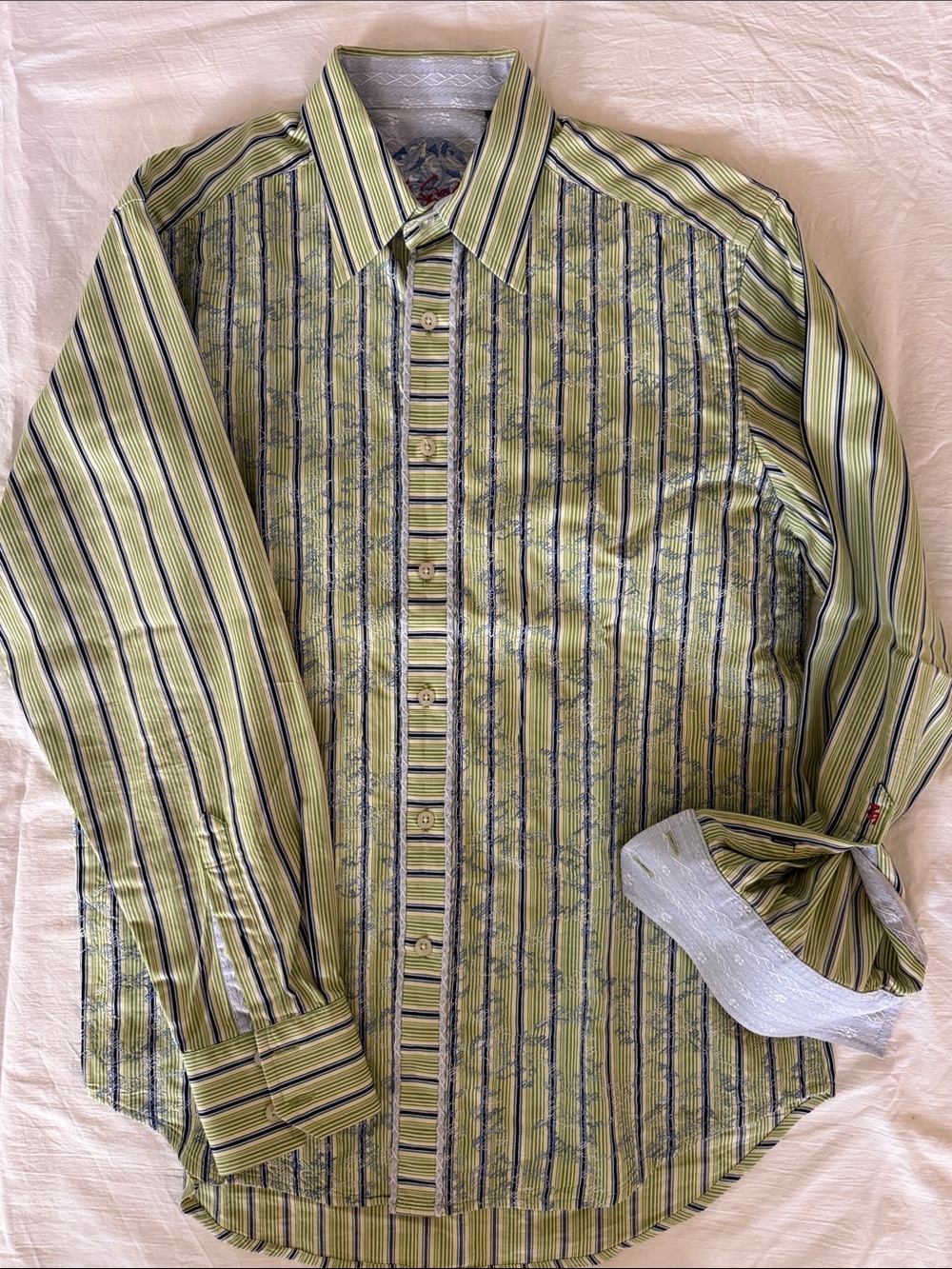 Robert Graham Green & Blue Striped Long-Sleeve Button-Up Shirt Excellent Cond.